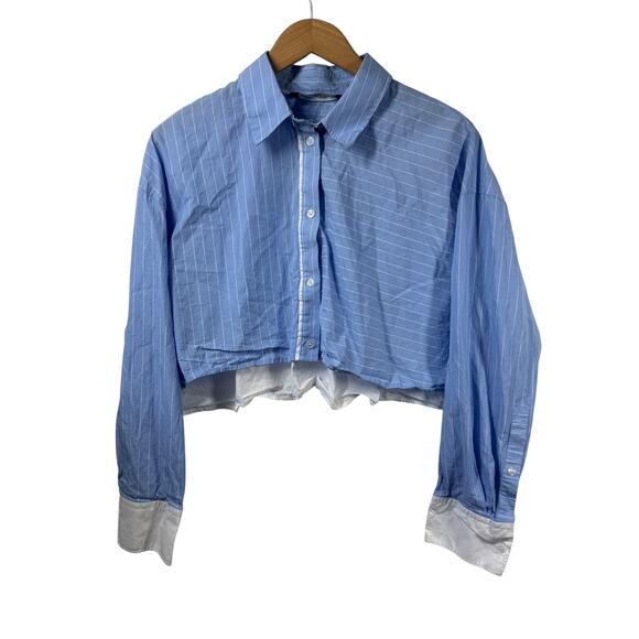 Zara Top Women L Blue White Cropped Button Down Long Sleeve Clean Girl Minimal - Picture 1 of 6